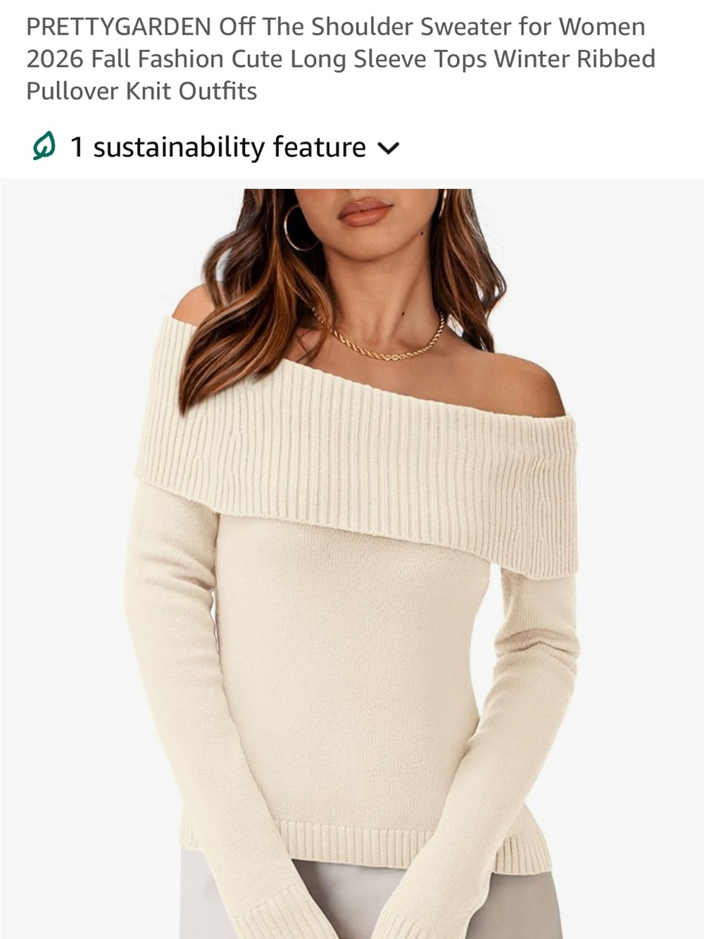 PrettyGarden Cream Off-the-Shoulder Ribbed Foldover Sweater